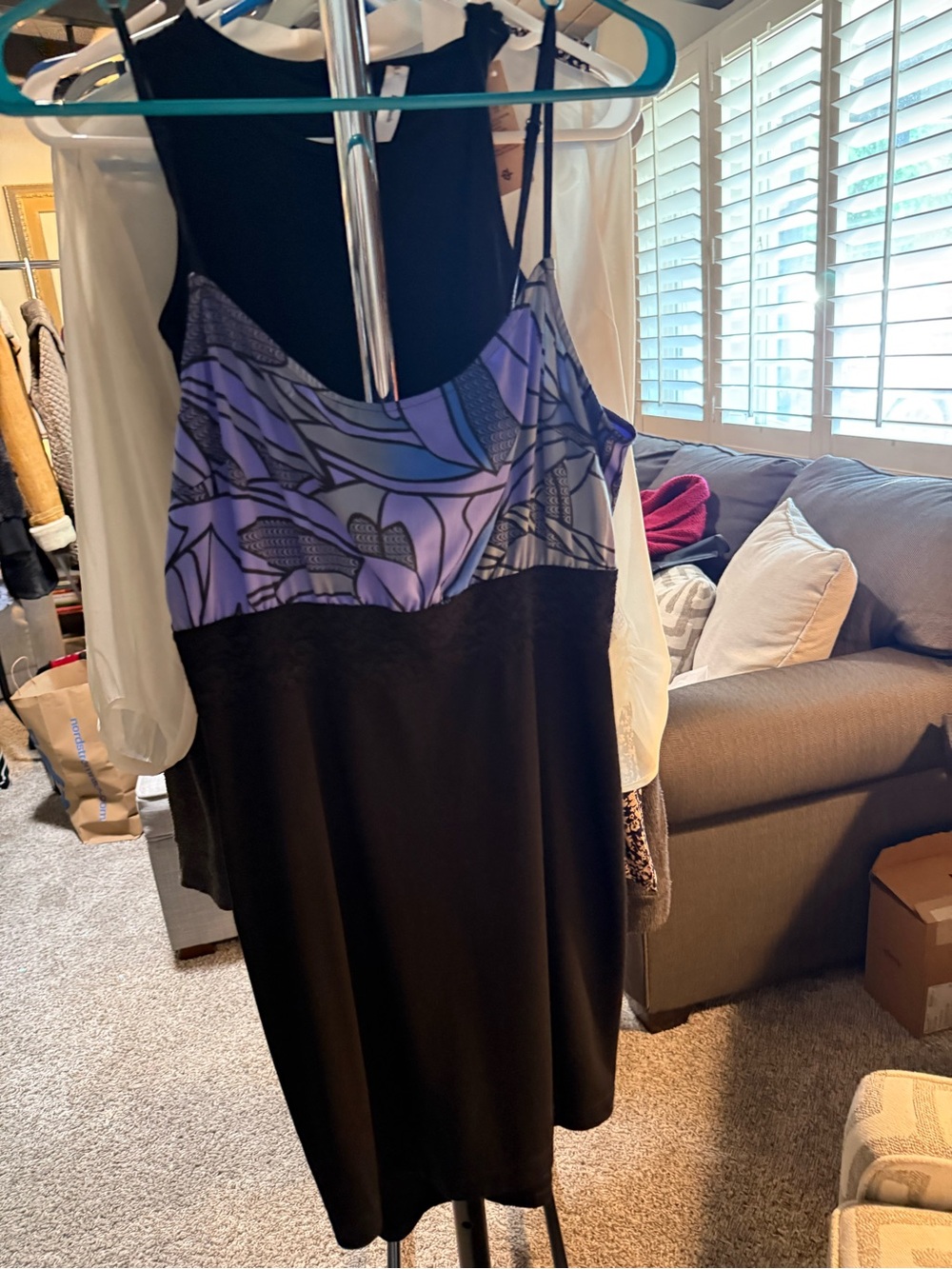 Free People S Black Slip Dress with Purple Patterned Bodice